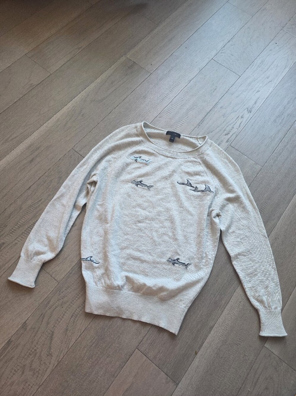 J. Crew Cream Crewneck Sweater with Shark Embroidery